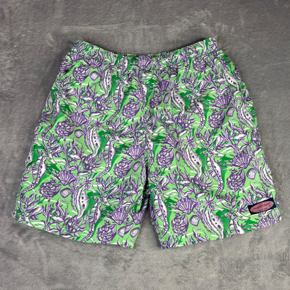 Vineyard Vines Swim Trunks Mens M Green Purple Seahorse Nautical Mesh Lined 6.5"